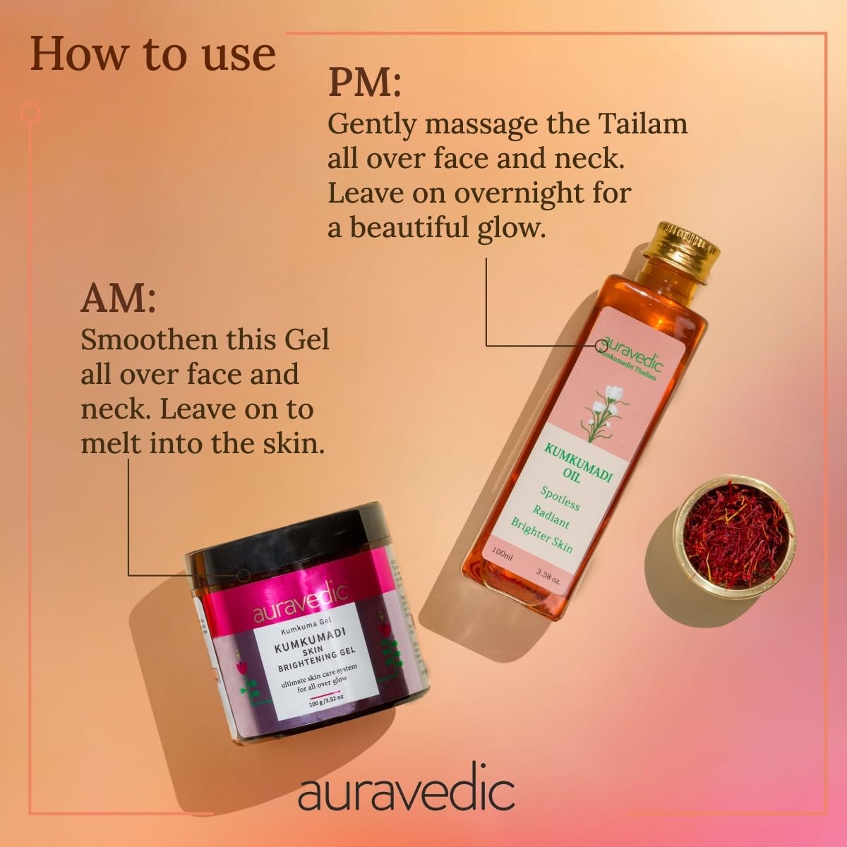 Auravedic Kumkumadi Brightening Gel And Kumkumadi Tailam Kumkumadi Face Oil For Glowing Skin Kumkumadi Gel 100 Gms With Kumkumadi Oil 100 ml Day And Night Combo