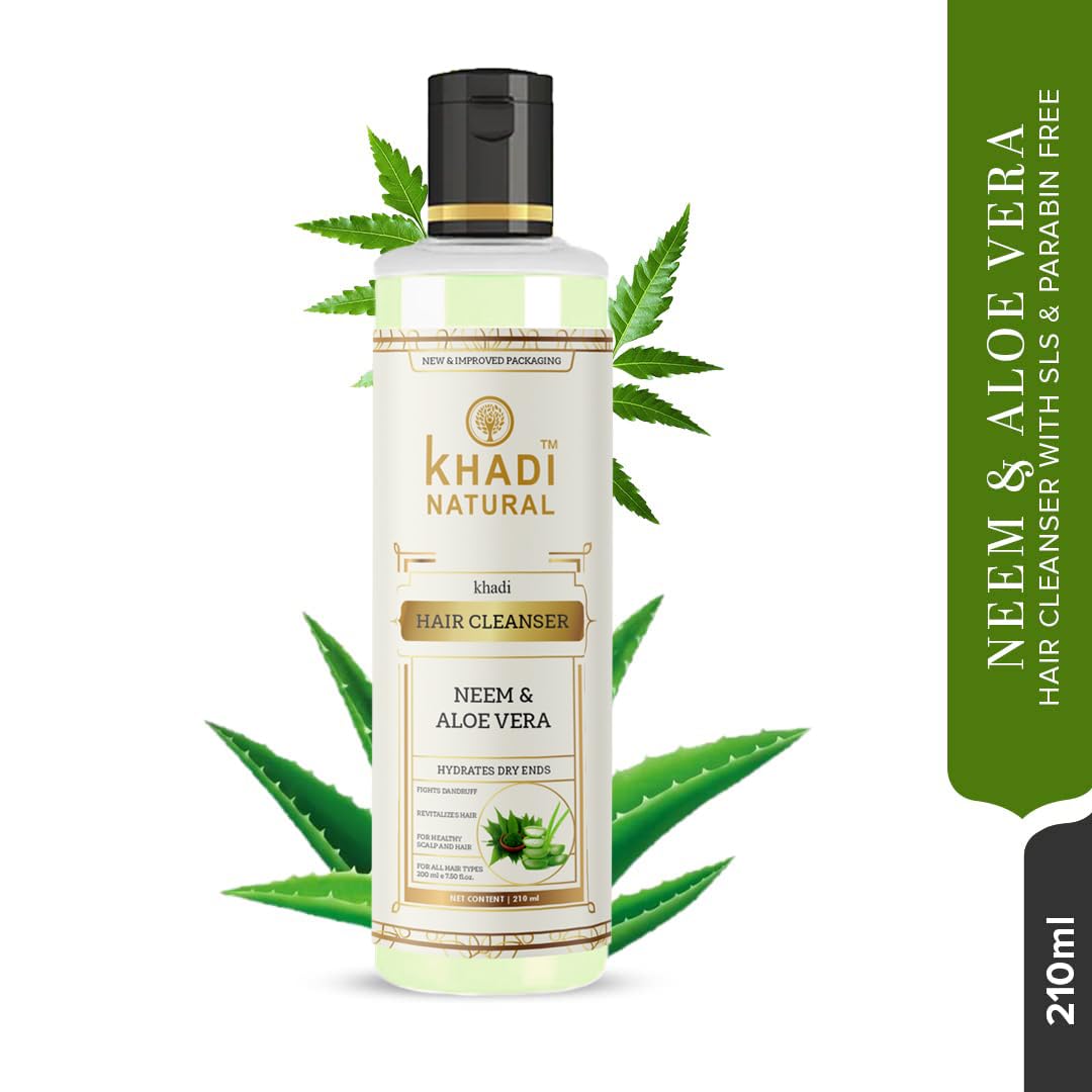 Khadi Natural Neem & Aloe Vera Hair Cleanser, 210 ml, Hydrates Dry Ends (Pack 1, Neem Aloevera)