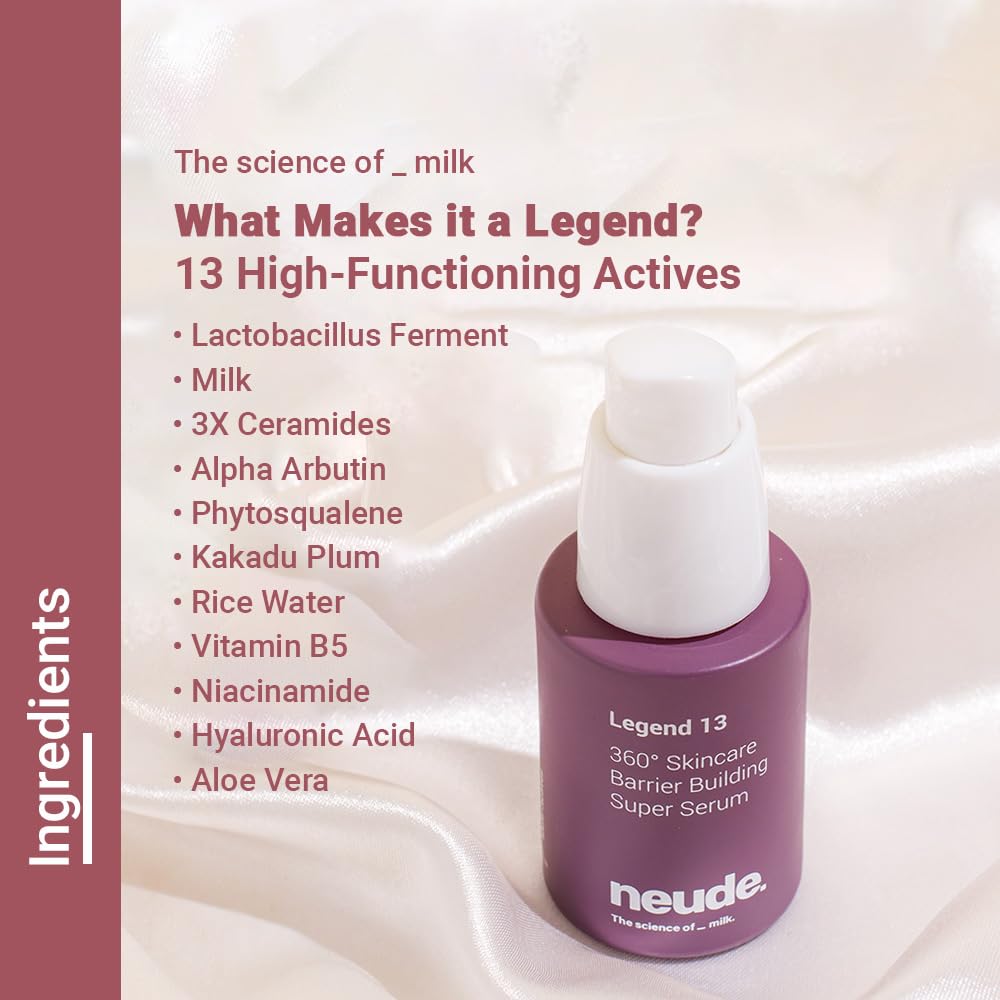 Neude Legend 13 Super Face Serum 30ml with 3x Ceramides, Lactobacillus Ferment, Alpha Arbutin, Rice Water, 13 Multiactives for Barrier Building Re-texturing & Hydration, pH 5.5, for All Skin Types