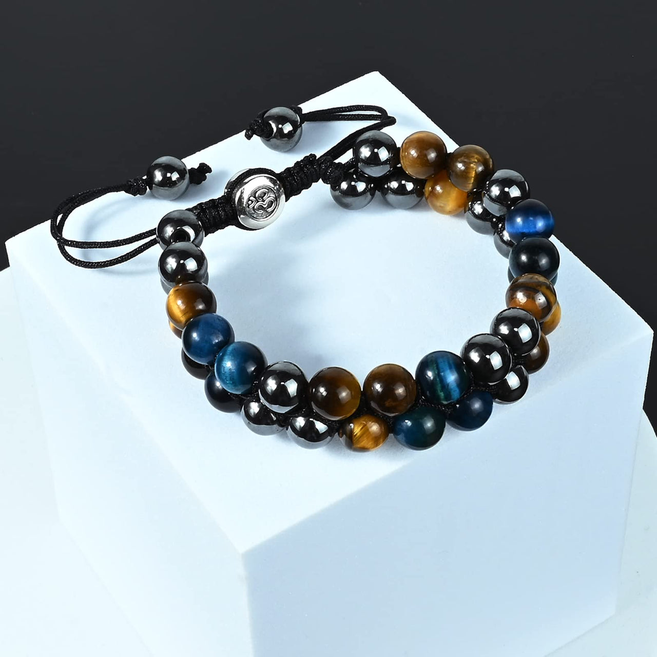 Triple Protection Bracelet Natural Blue Yellow Tigers Eye Hematite 8mm Beads Crystal Bracelet Healing Bracelets for Men Women Bring Prosperity Luck and Health 8MM Blue Triple Protection (Double layer)