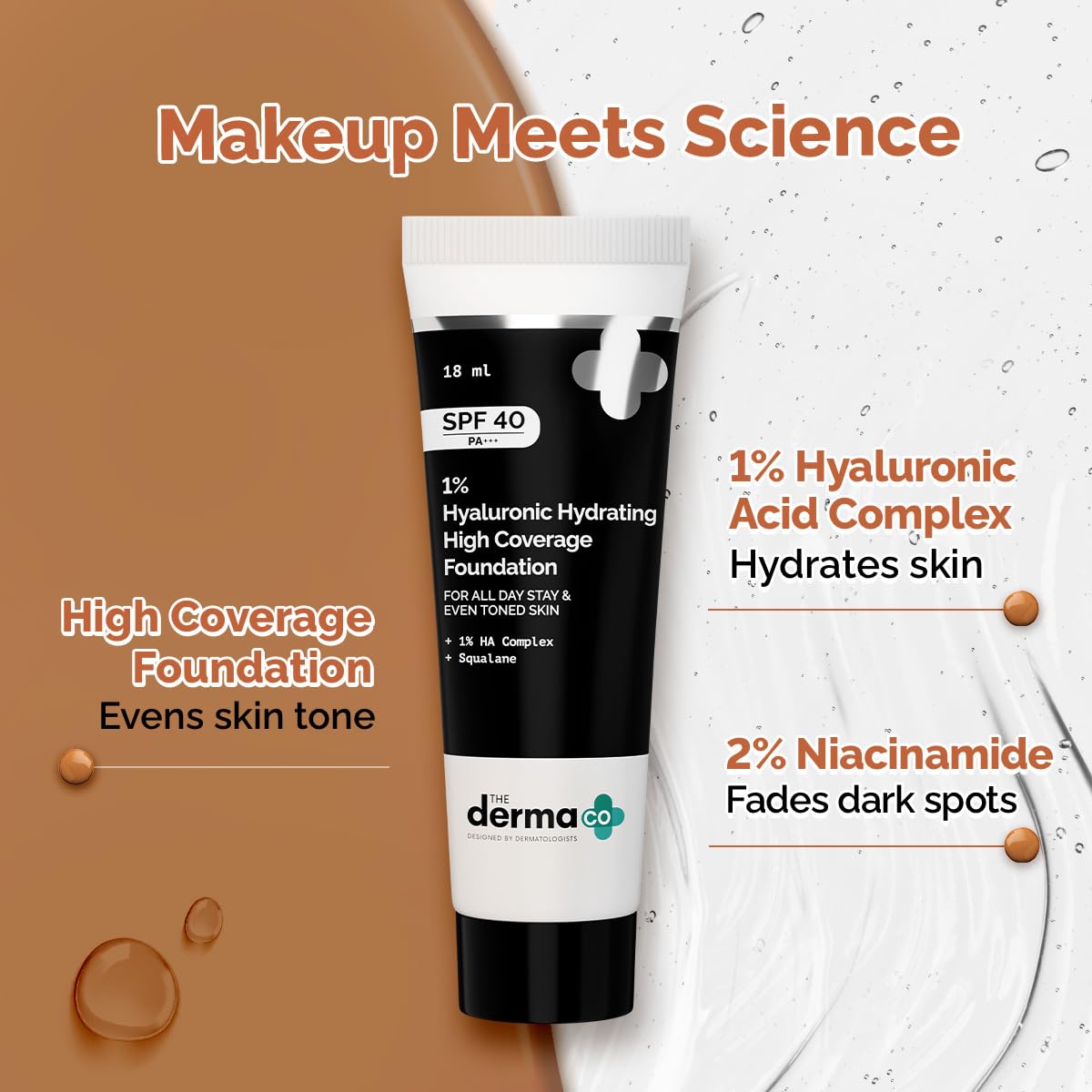 The Derma Co . 1% Hyaluronic Hydrating High Coverage Luminous Foundation Cream With Spf 40 Pa+++ For 12 Hour Long Stay Oil Control | For All Skin Types & Even Skin - 18Ml (04 Caramel, 18Ml), 1 Count