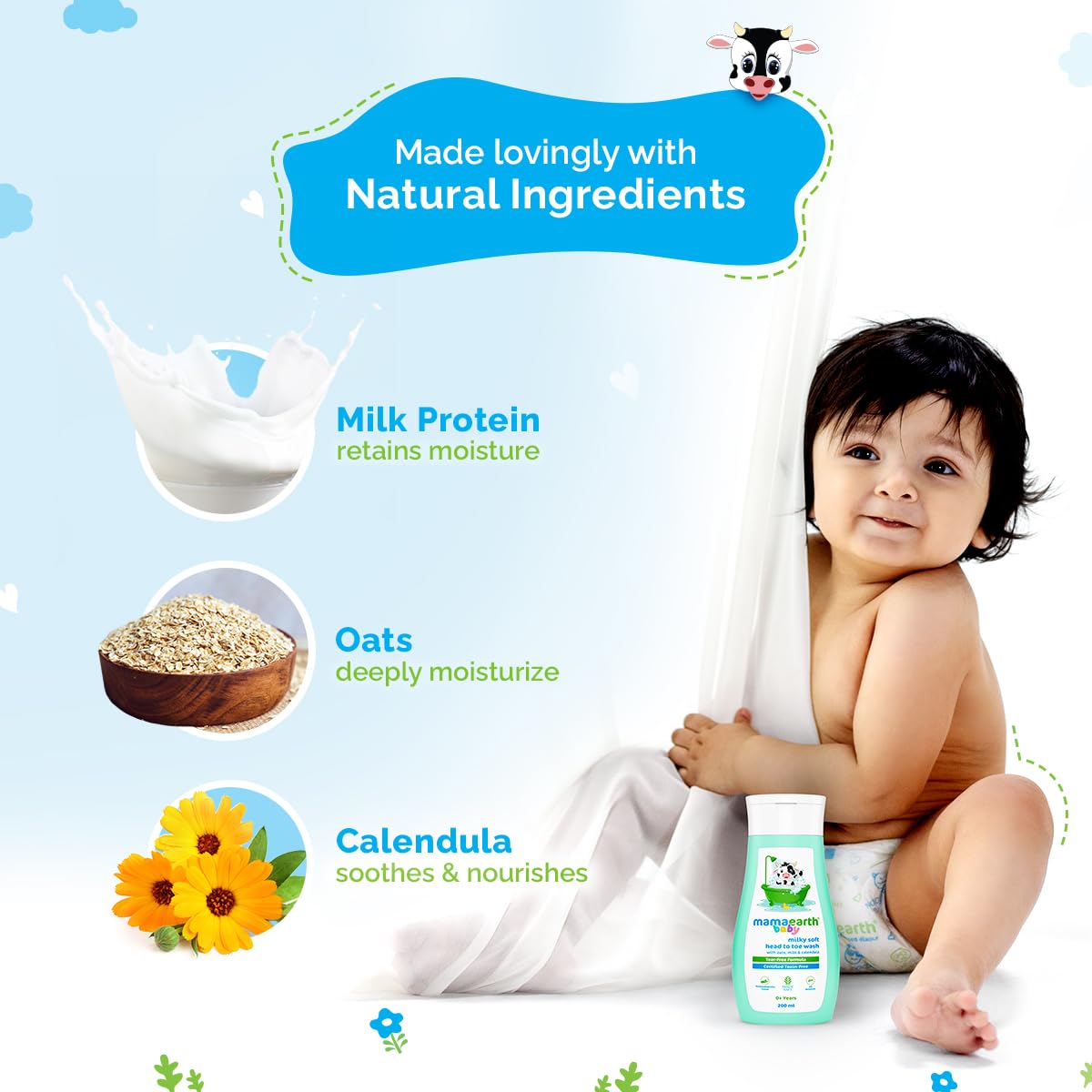 Mamaearth Milky Soft Head to Toe Wash With Oats, Milk, and Calendula for Babies | 2-in-1 Tear-Free Body Wash & Shampoo | Moisturizes and Soothes Skin | 400 ml