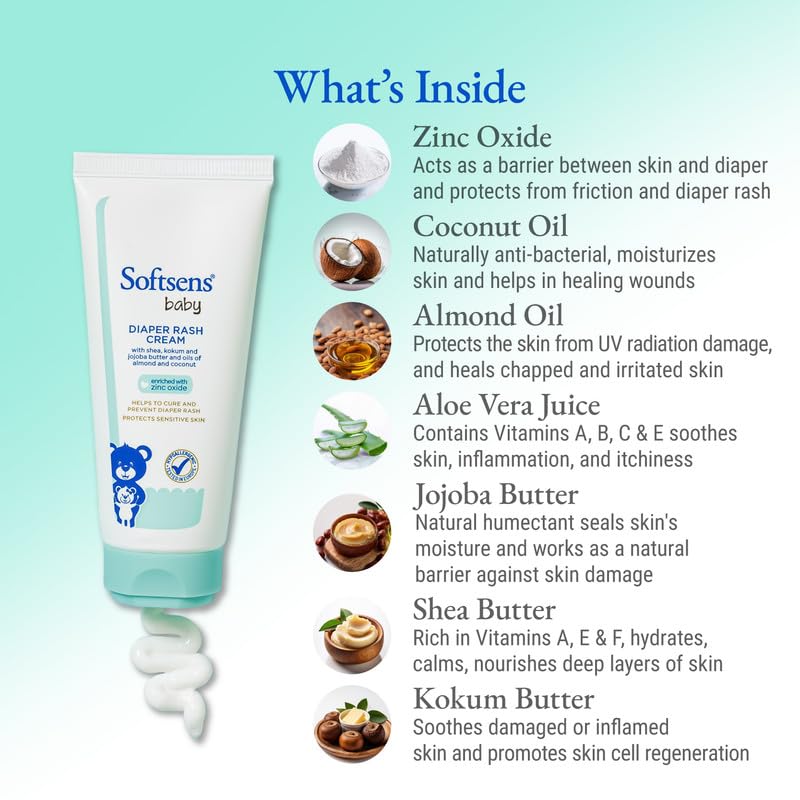 Softsens Baby Natural Diaper | Nappy Rash Cream, Enriched With Aloe Vera Juice and Shea Butter 50 g (Pack of 3)