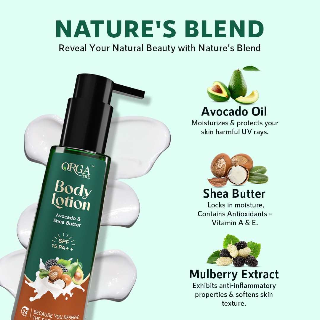 Orgatre Body Lotion | Avocado & Shea Butter with SPF 15 PA | Moisturizer for Dry Skin | Brightening & Sun Protection Body Cream 150 ml