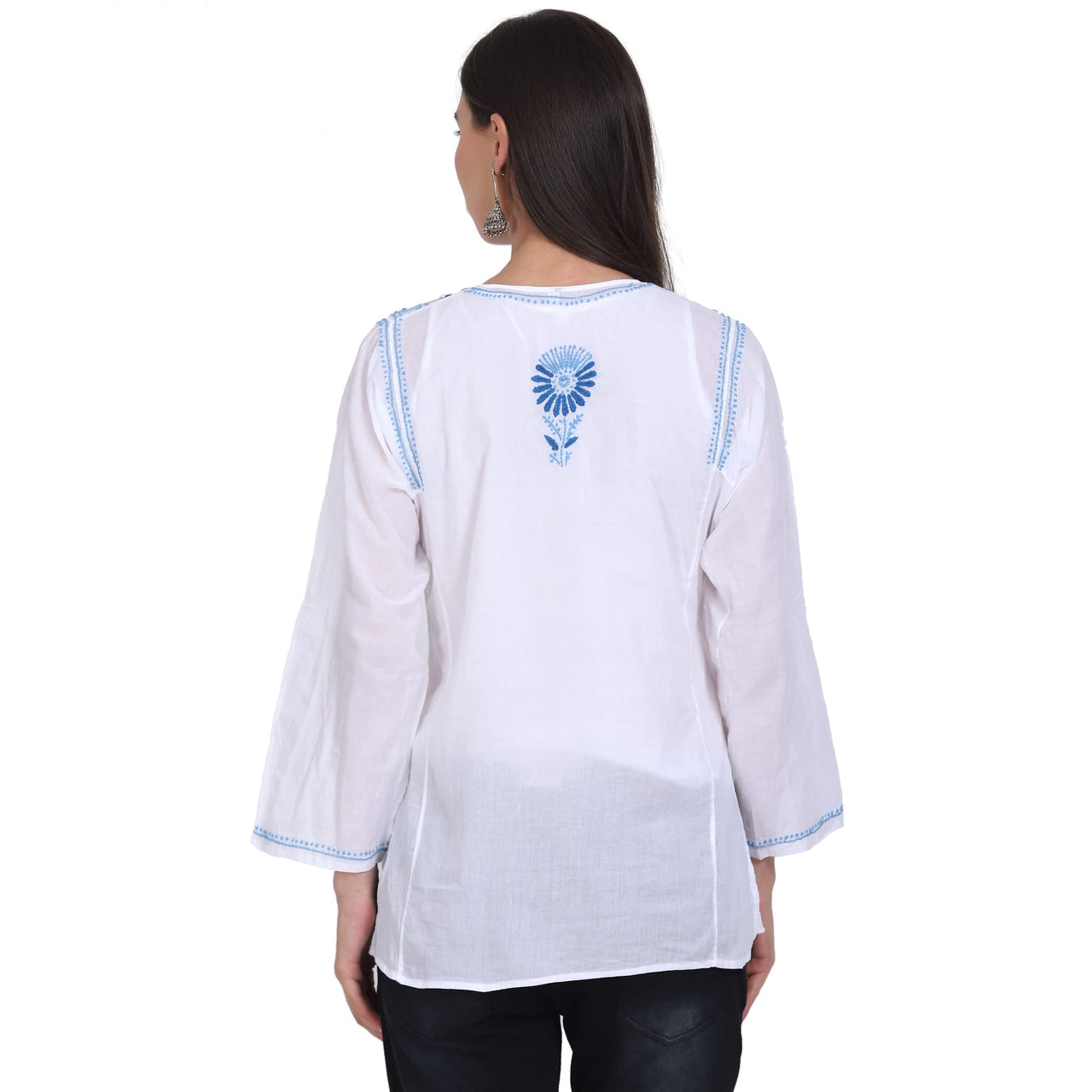 Paramount Women's  Chikankari Cotton White Straight Short Kurta Navy XS