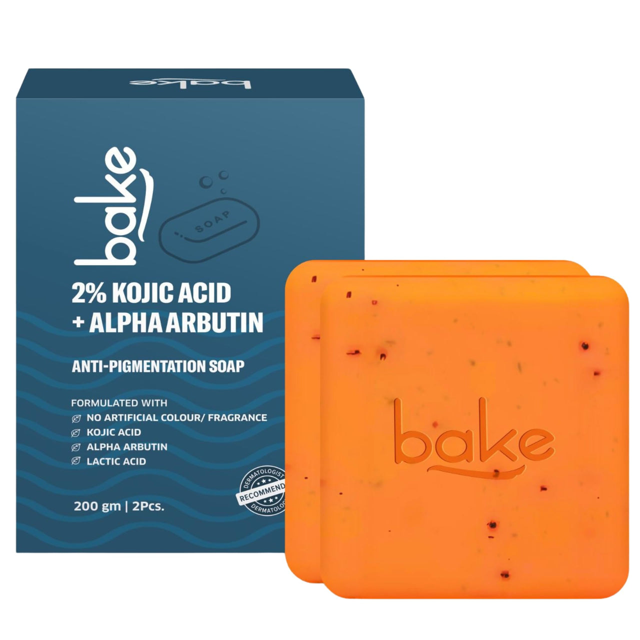 BAKE 2% Kojic Acid Scrub Treatment Soap (200 Gms Pack of 2) with Alpha Arbutin, Lactic Acid & Niacinamide | For Pigmentation, Dark Spots, Tan Removal, Brightens Underarms | Soap for Women & Men | 100g x 2 (Pack of 2)