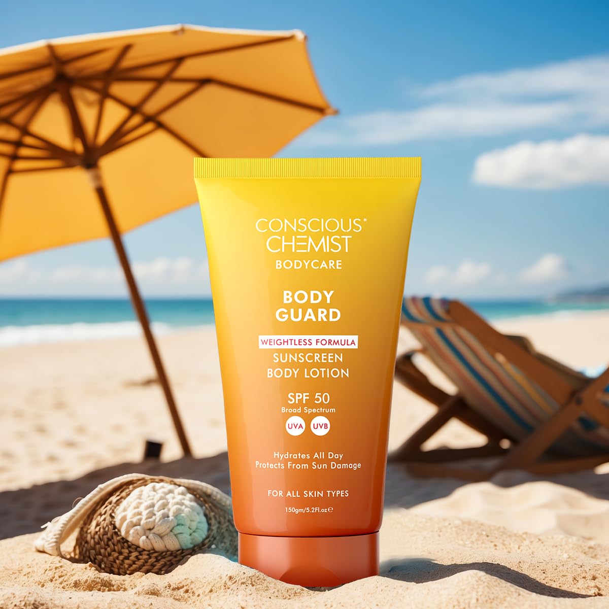 Conscious Chemist® Sunscreen SPF 50 | 150g | Sunscreen for Oily Skin, Instant Cooling, De-tan SPF Body Lotion, Niacinamide with Ceramides & Betaine, UVA/UVB Protection, Reduces Dark Spots, All Skin Types - Body Guard