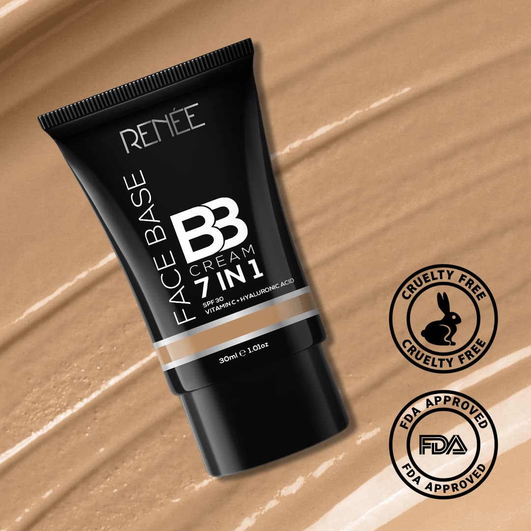 RENEE Face Base BB Cream 7 in 1 with SPF 30 PA+++, Enriched with Hyaluronic Acid, Vitamin C, Hydrates, Nourishes & Smoothens Skin Texture, Hazelnut 30ml