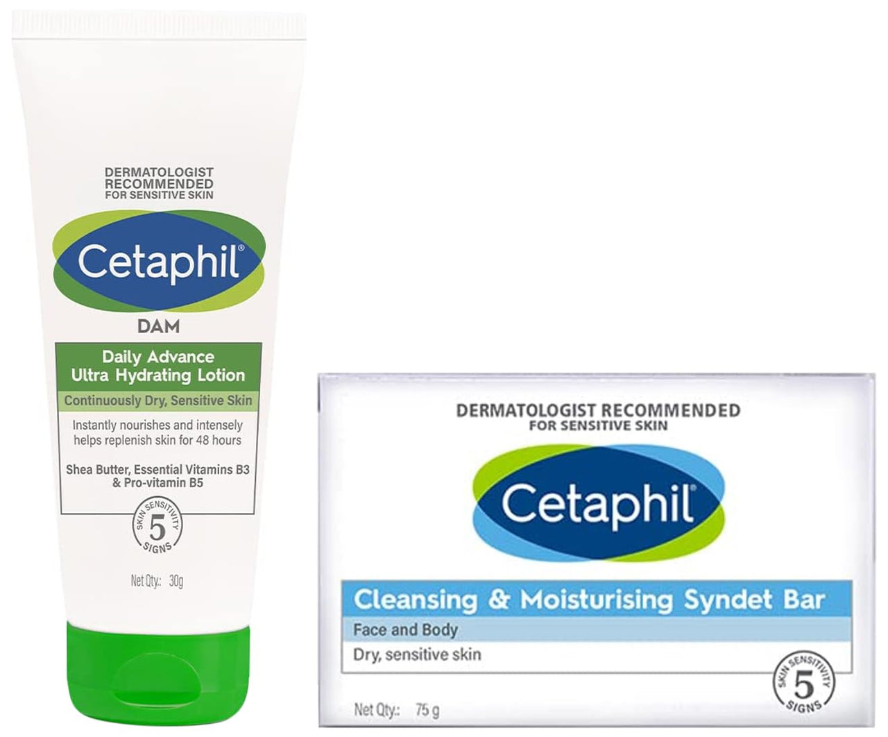 Cetaphil Dam Daily Advance Ultra Hydrating Lotion, 30g and Cetaphil Cleansing And Moisturising Syndet Bar, 75g