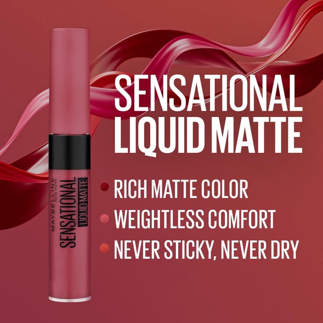 Maybelline New York Lipstick, Matte Finish, Non-Sticky and Non-Drying, Sensational Liquid Matte, 23 Untamed Rose, 7ml