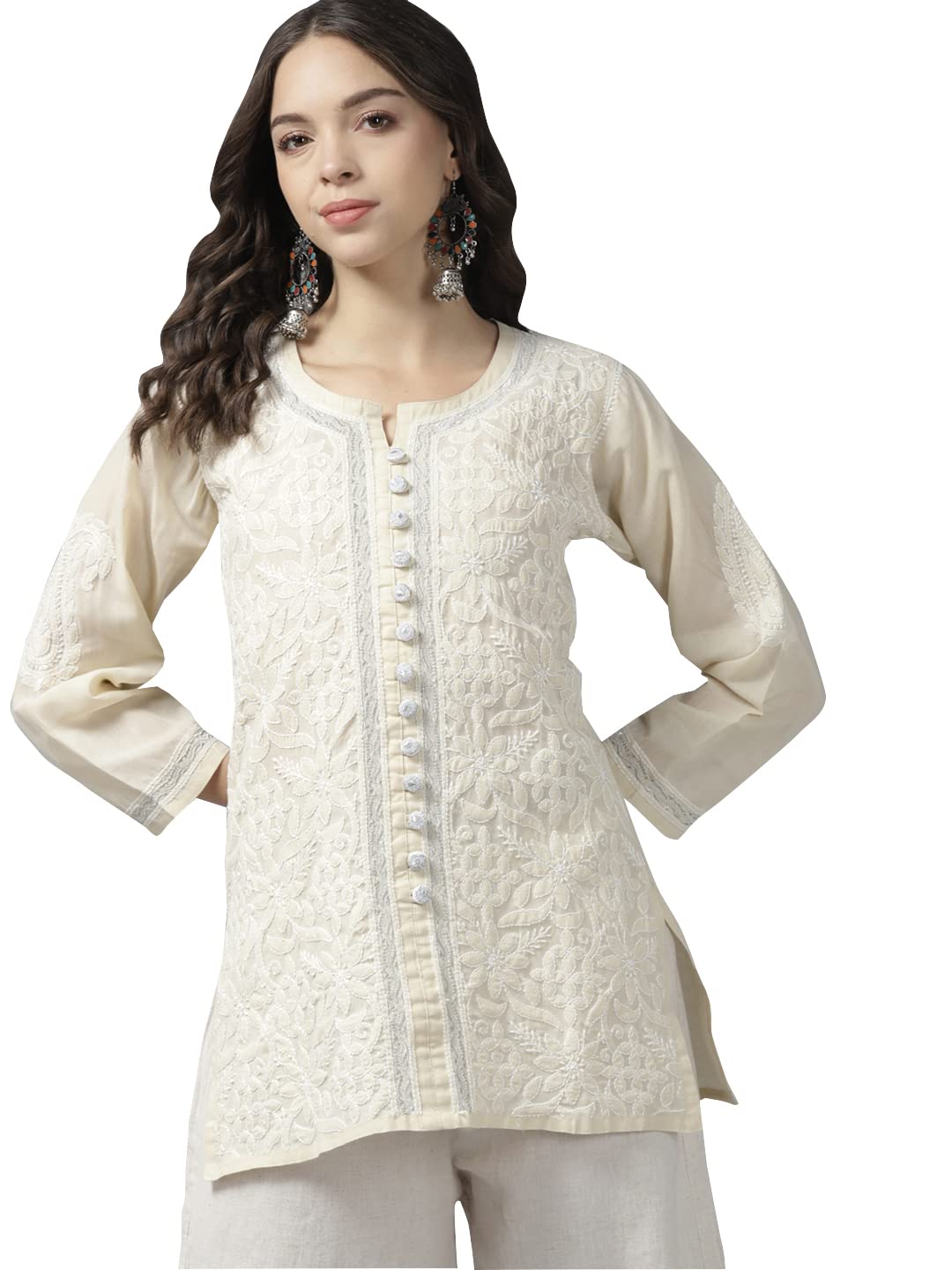Ada Women's  Hand Embroidered Lucknowi Chikankari Cotton Straight Short Top Kurti A178625