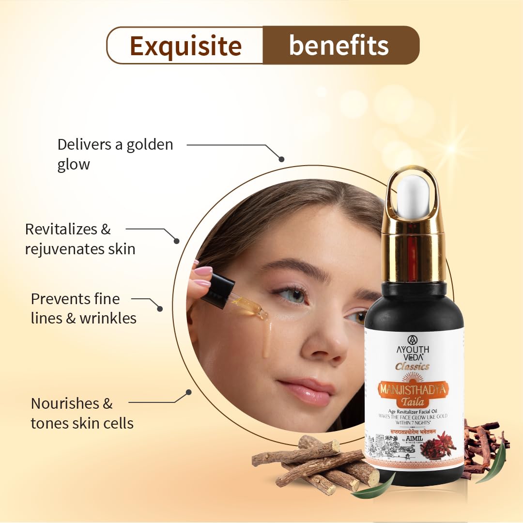Ayouthveda Manjisthadya Taila | Nourishes Skin Tone With Goat Milk & Matulunga| Helps To Restore Dull Skin | Work As Natural Skin Illuminator | Anti-Aging Facial Oil (Pack Of 3-30ml each)