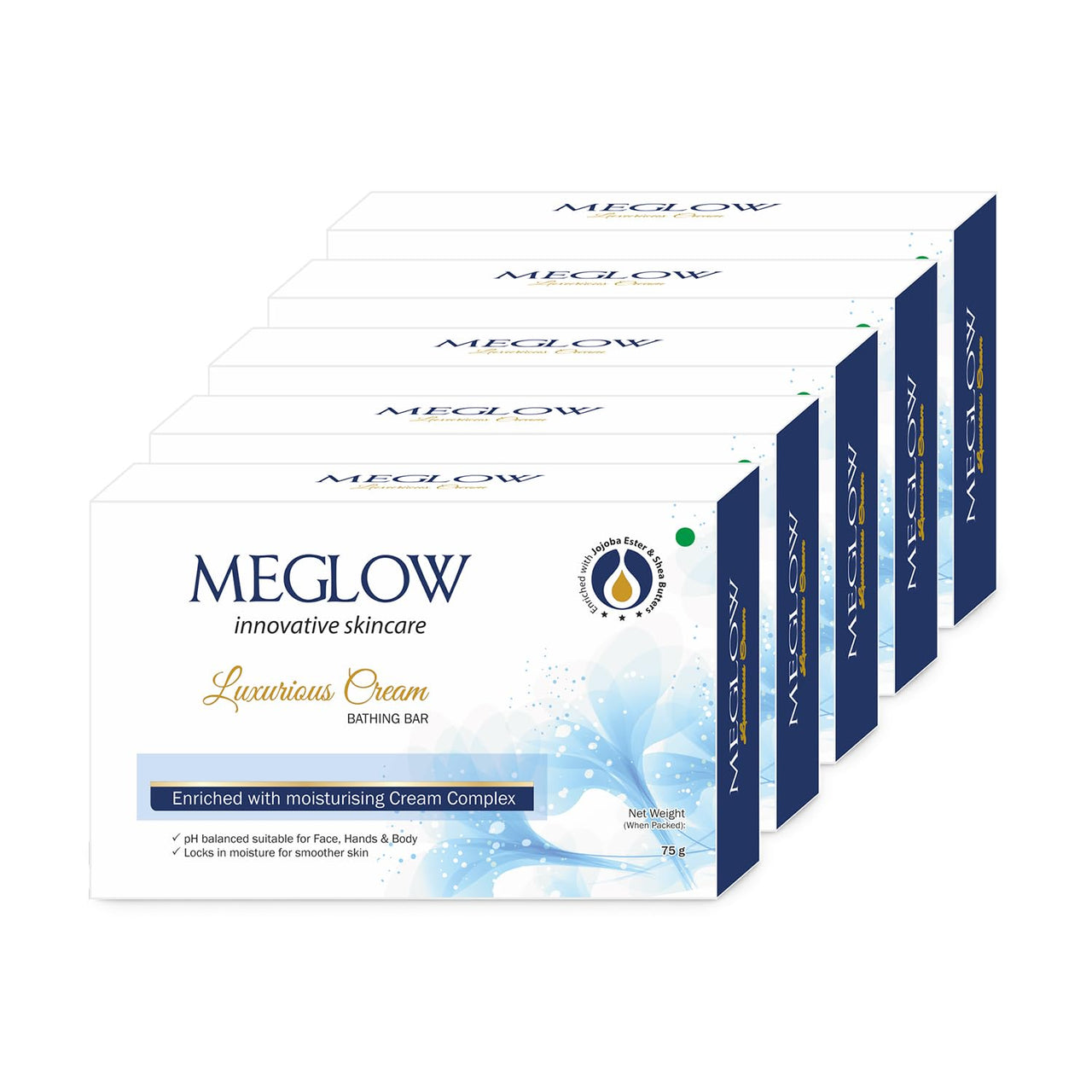 Meglow Luxurious Cream Soap Bar Combo Pack of 5(75g) with Jojoba & Shea Butter|pH Balanced| Suitable All Skin Type|Moisturize Skin & Make Soft & Smoother