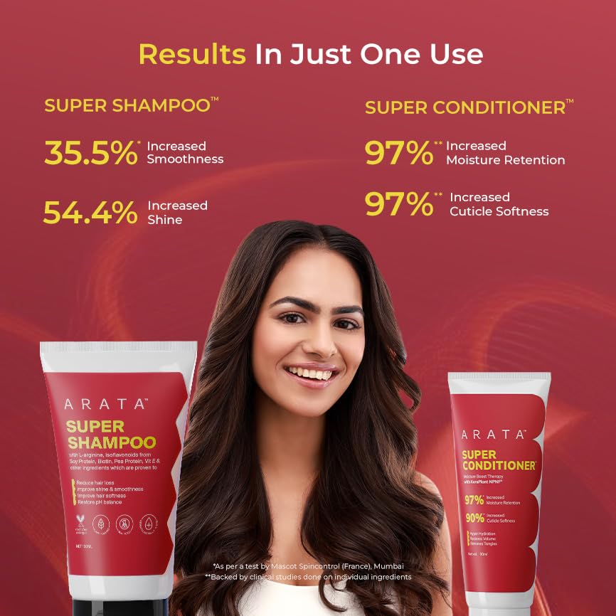 Arata Essential Care Super Duo Travel Pack | Super Shampoo & Conditioner | Reduces Hair Fall, Adds Shine, Volumizes | With Keratin, Biotin & Argan Oil | Paraben & Sulphate Free | 200ML