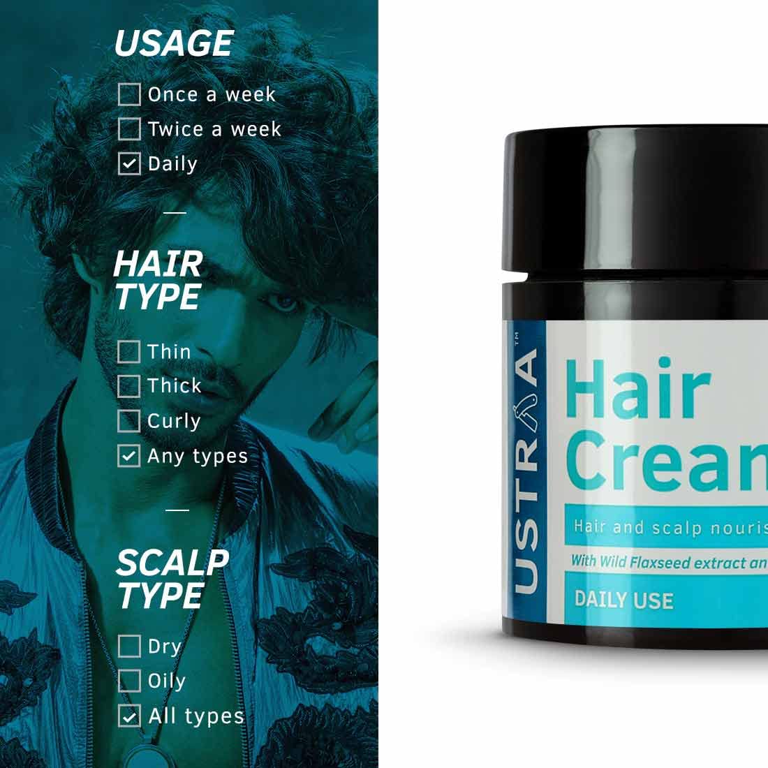 Ustraa Hair Vitalizer Shampoo - 250ml - Dermatologically Tested, With Biotin, Caffeine, Omega 3 | & Hair Cream for Men - For Daily Use with Light Hold- Style & nourishment | Wheat Germ Oil