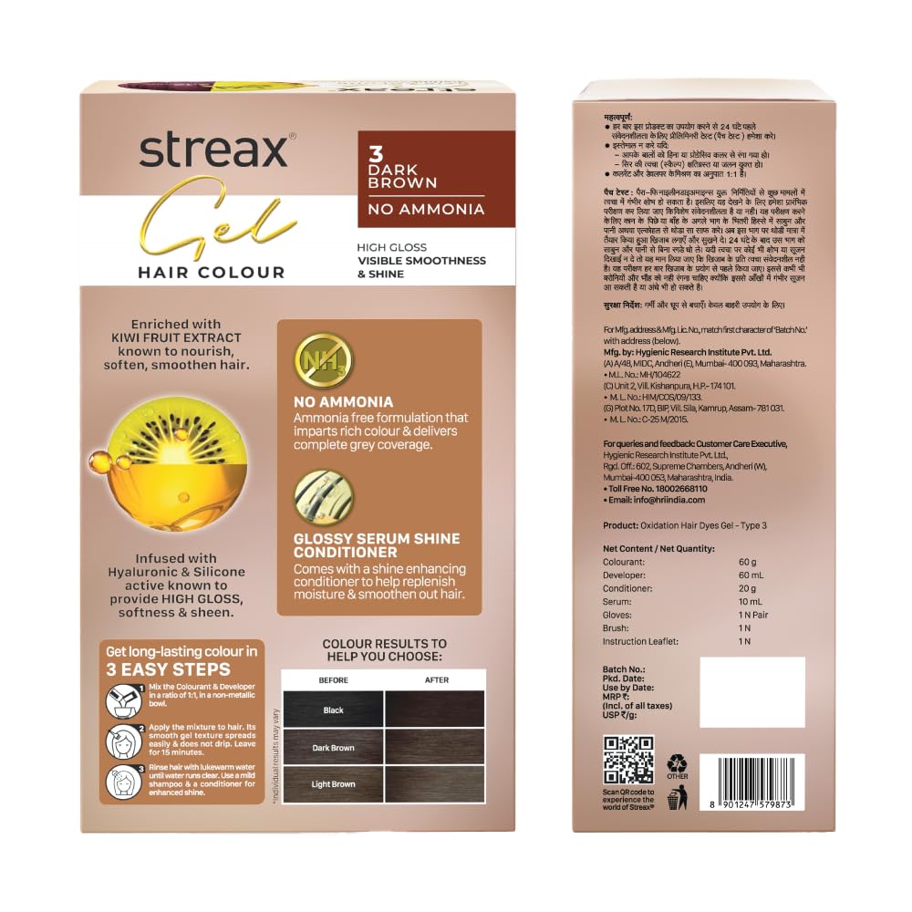 Streax Gel Hair Colour for Women & Men, Dark Brown 3, 150ml|Hair Colour Brown|100% grey coverage |Long Lasting Hair Color, easy to use| Ammonia Free Hair Color, No Paraben & Sulphate (Pack of 2)