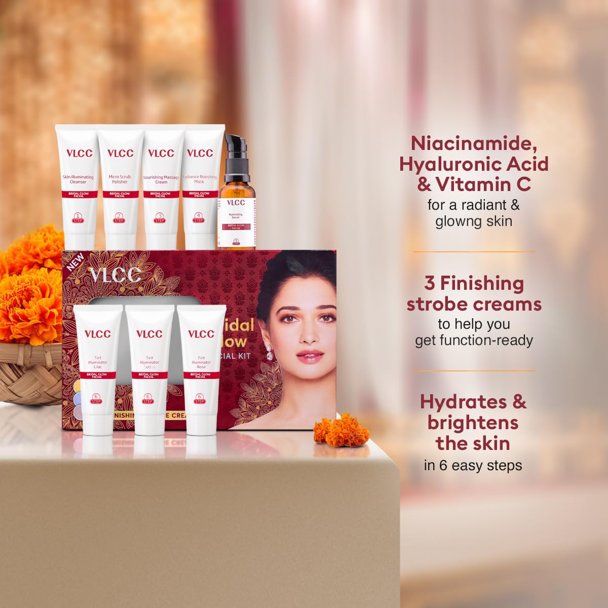 VLCC Bridal Glow Facial Kit - 49g, With Hyaluronic Acid, Niacinamide & Vitamin C. At home facial with 3 Illuminator Strobe Creams - Gold, Lilac, Rose.
