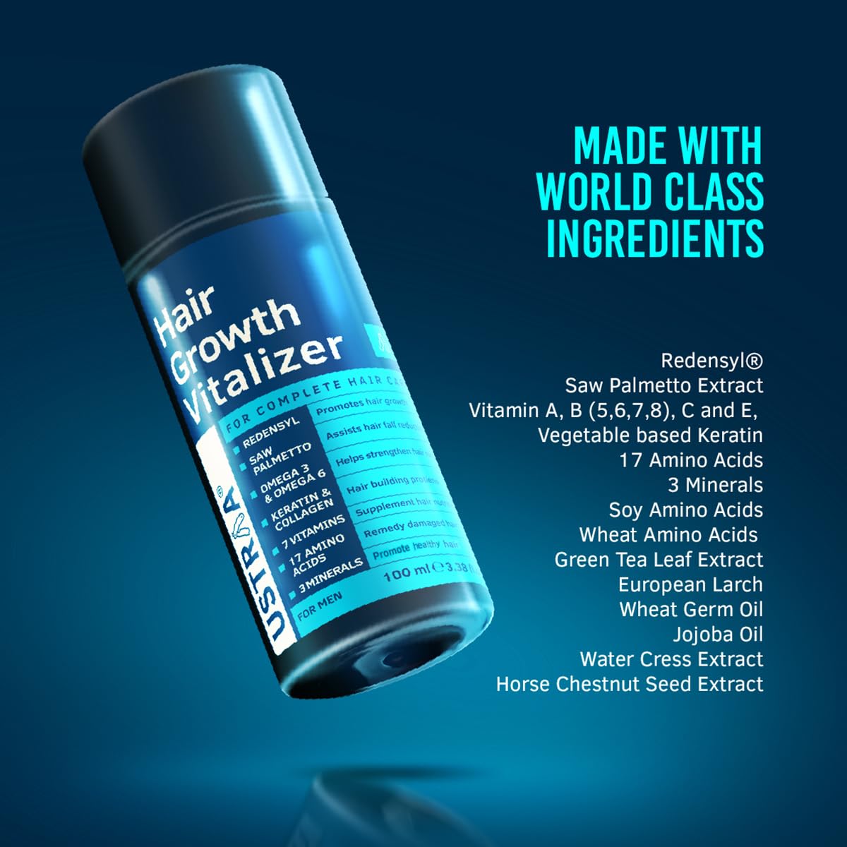 USTRAA Hair Growth Vitalizer 100ml – Clinically Tested | Hair Oil With Redensyl, Saw Palmetto, Vitamins & Anti-Dandruff Shampoo 250ml - With Climbazole, Ginger & Tea Tree Oil, No Sulphates