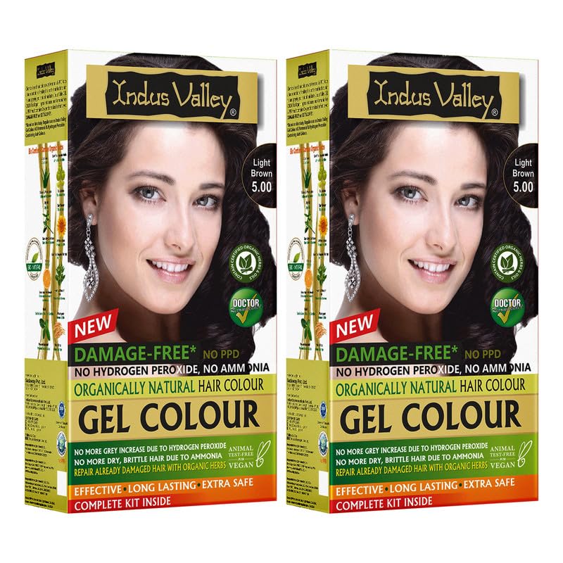 INDUS VALLEY Damage Free Natural Gel Hair Colour for Women | Ammonia & PPD Free Organic Hair Colour with 100% Grey Coverage, Long Lasting Hair Color Trial Pack | Light Brown (Pack Of 2)