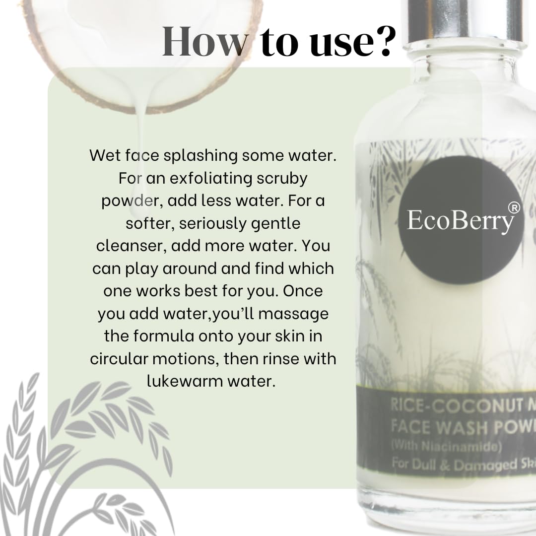 EcoBerry Rice Coconut Milk Face Wash Powder | Talc Free, Hypoallergenic, Sensitive Skin 100% Pure, Organic | Natural | Alcohol Free | Preservative Free | Chemical Free | Vegan, 30g