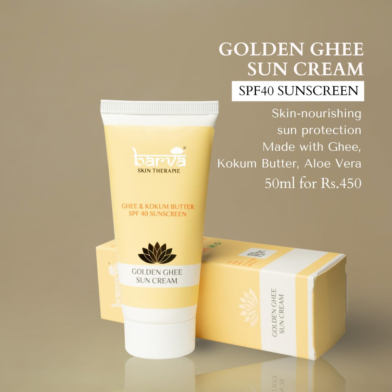 Barva Golden Ghee Sun Cream | SPF 40 Sunscreen Enriched with Ghee, Kokum Butter, Aloe Vera. 50ml, All