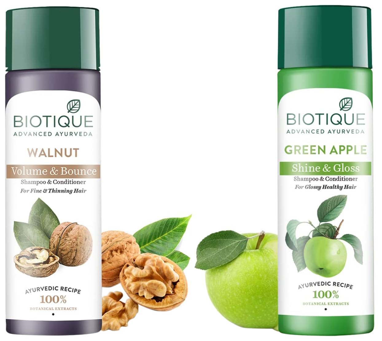 Biotique Bio Green Apple Fresh Daily Purifying Shampoo And Conditioner, 190ml And Biotique Bio Walnut Bark Fresh Lift Body Building Shampoo For Fine & Thinning Hair, 190Ml