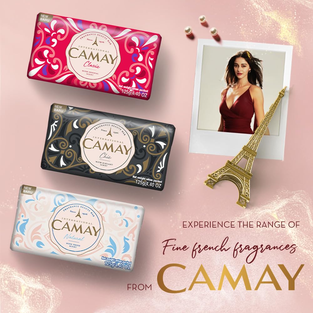Camay Classic International Beauty Soap With Carnations & Roses (Buy 2 Get 1 Free) Combo Pack Offer, Bar Soap Combo, Daily Skincare, Gives Silky, Soft & Glowing Skin (3 Count, 125G Each)