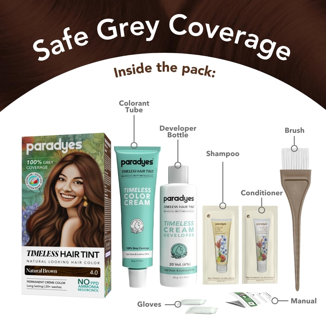 Paradyes Natural Brown Timeless Hair Tint, Permanent Crème Hair Colour for Natural-Looking Results, Complete Grey Coverage, Long-Lasting Formula Free from PPD, Ammonia, & Resorcinol, 4.0