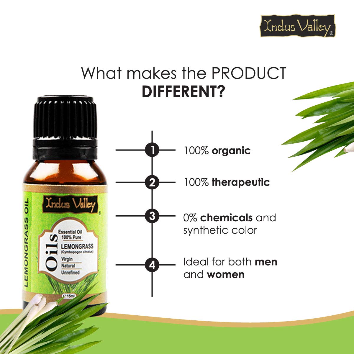 Indus Valley 100% Pure Natural & Organic, Undiluted lemongrass Essential Oil with Glass Dropper for Skin, Hair Care -15ml