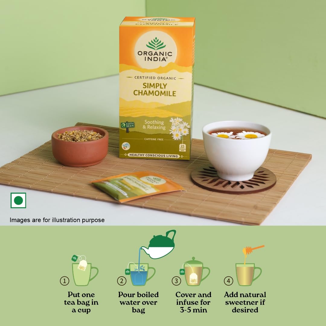 A TATA Product - Organic India Simply Chamomile Infusion, 25 Tea Bags, Certified Organic, Soothing & Relaxing, Caffeine-Free, Whole Herb Blend