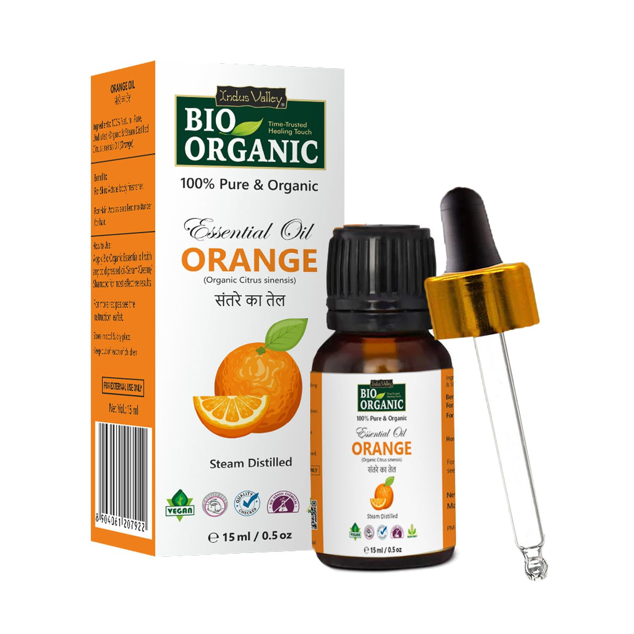 Indus Valley 100% Pure Natural & Organic, Undiluted Orange Essential Oil with Therapeutic Grade & Glass Dropper for Skin, Hair Care -15ml