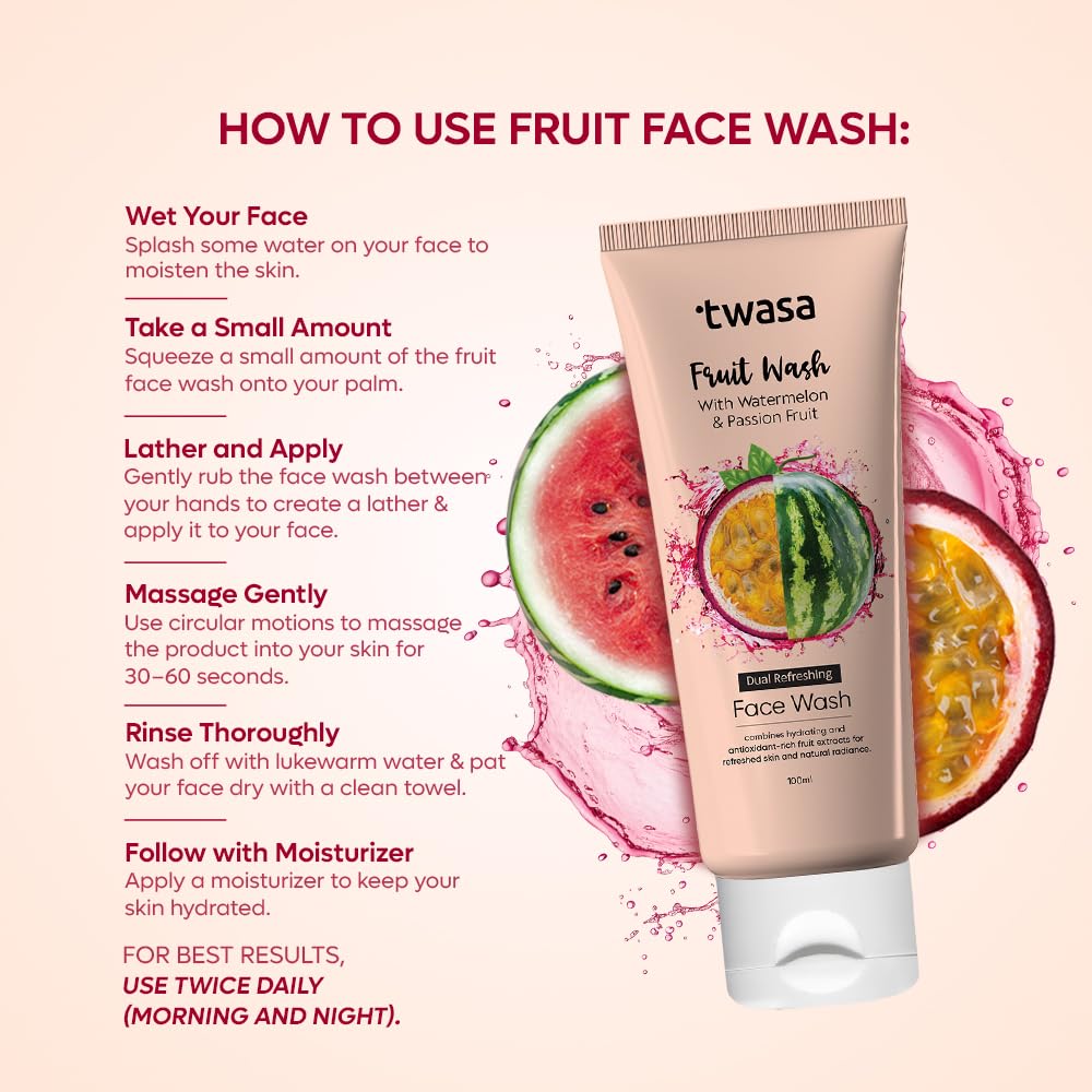 Twasa Watermelon & Passion Fruit Face Wash For Skin Barrier Repair, Hydrating & Brightening with Ceramide & Peptides | Anti-Ageing Face Wash For Glowing Skin | For Men & Women - 100 ml