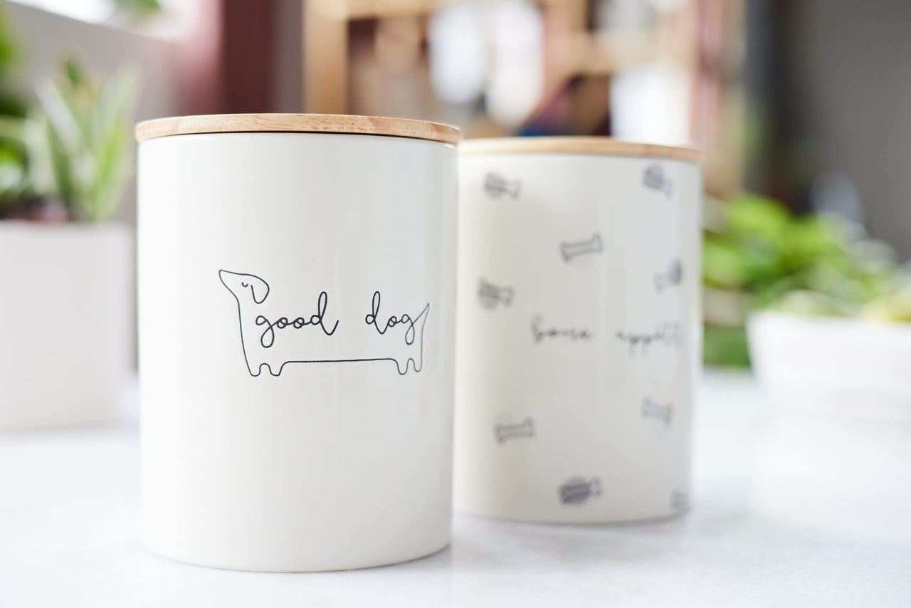 Pearhead Good Dog Treat Jar, Ceramic and Wood Pet Treat Canister, Neutral Modern Kitchen Decor, Pet Accessories, Dog Biscuit Storage Jar, Freshness Seal, Holds 4 Cups Treat Jar - Good Dog