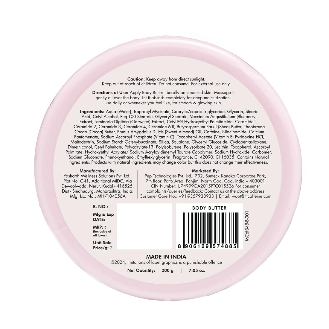 mCaffeine Blueberry Swirl Deep Moisturizing Body Butter | 5 Essential Ceramides for Skin Repair with Shea Butter & Cocoa Butter | 72Hrs Long Lasting Moisturization | Winter Body Care | Fruity Blueberry Aroma | Body Butter for Women and Men - 200g