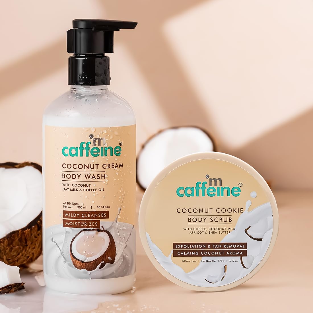 mCaffeine Tropical Coconut Cleanse & Detan Set for Glowing Skin| Mildly Cleanses, Exfoliates, Removes Tan| Coconut Body Wash - 300ml & Coconut Body Scrub - 175 g| Calming Coconut Aroma for Men & Women