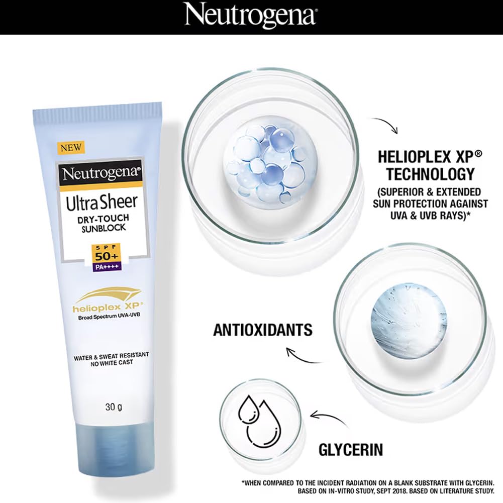 Neutrogena Ultra Sheer Sunscreen SPF 50+ | Broad Spectrum UVA/UVB | Blue light protect | No White Cast | Water resistant, Ultra light & Non sticky | Oily, Dry & Sensitive Skin | 30 g (Pack of 1)