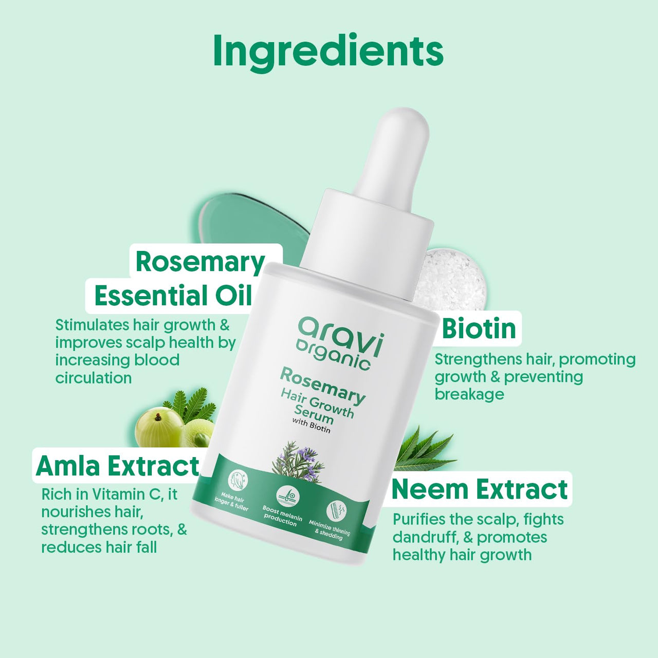 Aravi Organic Rosemary & Biotin Hair Growth Serum - For Hair Growth, Strengthens Hair, and Nourishes Scalp - 30 ml