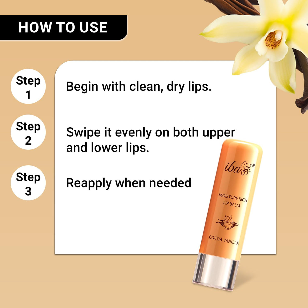 Iba Pure Lips Moisture Rich Lip Balm - Cocoa Vanilla 4.5 g | For Pigmented Dry Damaged & Chapped Lips | Enriched with Cocoa Butter Shea Butter | Glossy Finish | 100% Natural | Halal Certified & Vegan