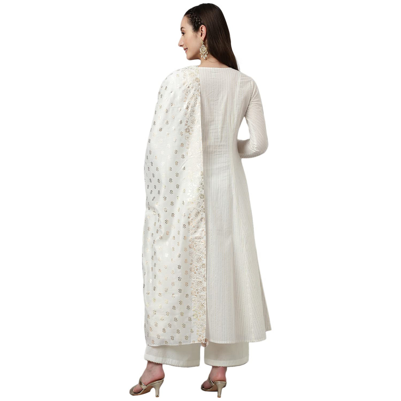 FIORRA Women's  Off White Pure Cotton Flared Kurta with Palazzo and Dupatta S