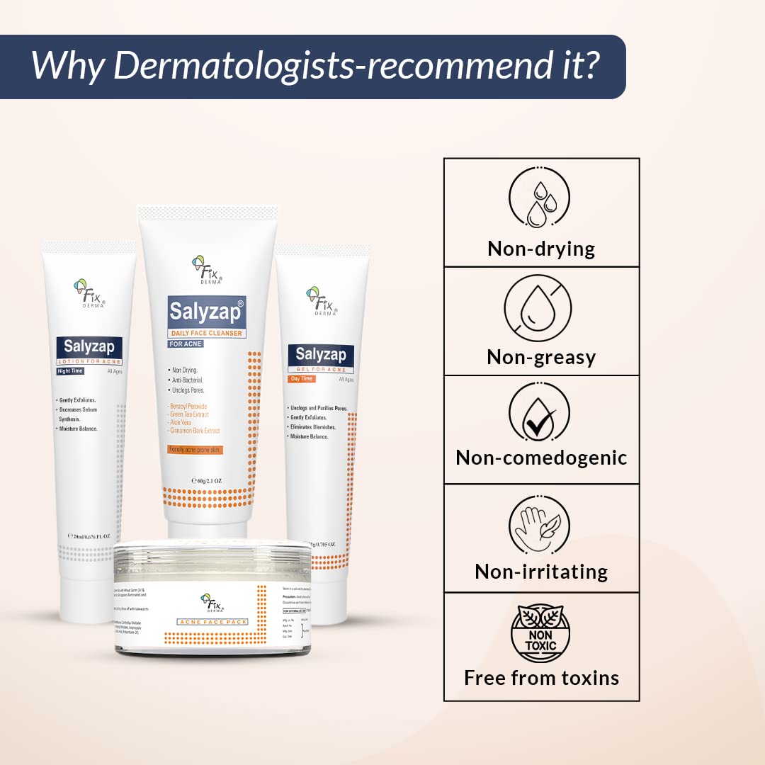 Fixderma Salyzap Acne Kit, Acne Kit for Face, Acne Control Kit, Complete Skincare Regimen for Acne and Dark Spots, Includes Salyzap Facewash, Day time gel, Night time gel and Face pack,