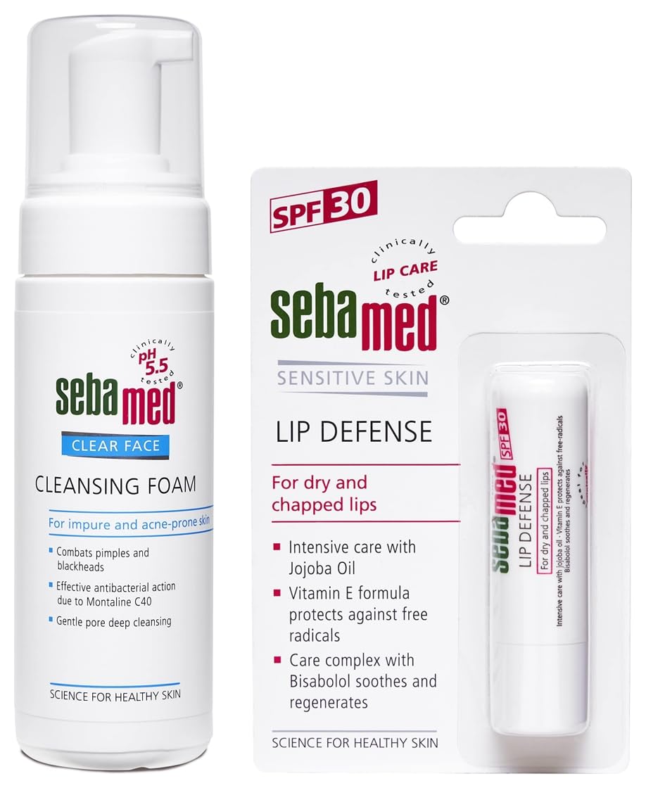 SebaMed SPF 30 Lip Defense Stick, 4.8G And Clear Face Cleansing Foam, 150Ml, Dry Skin