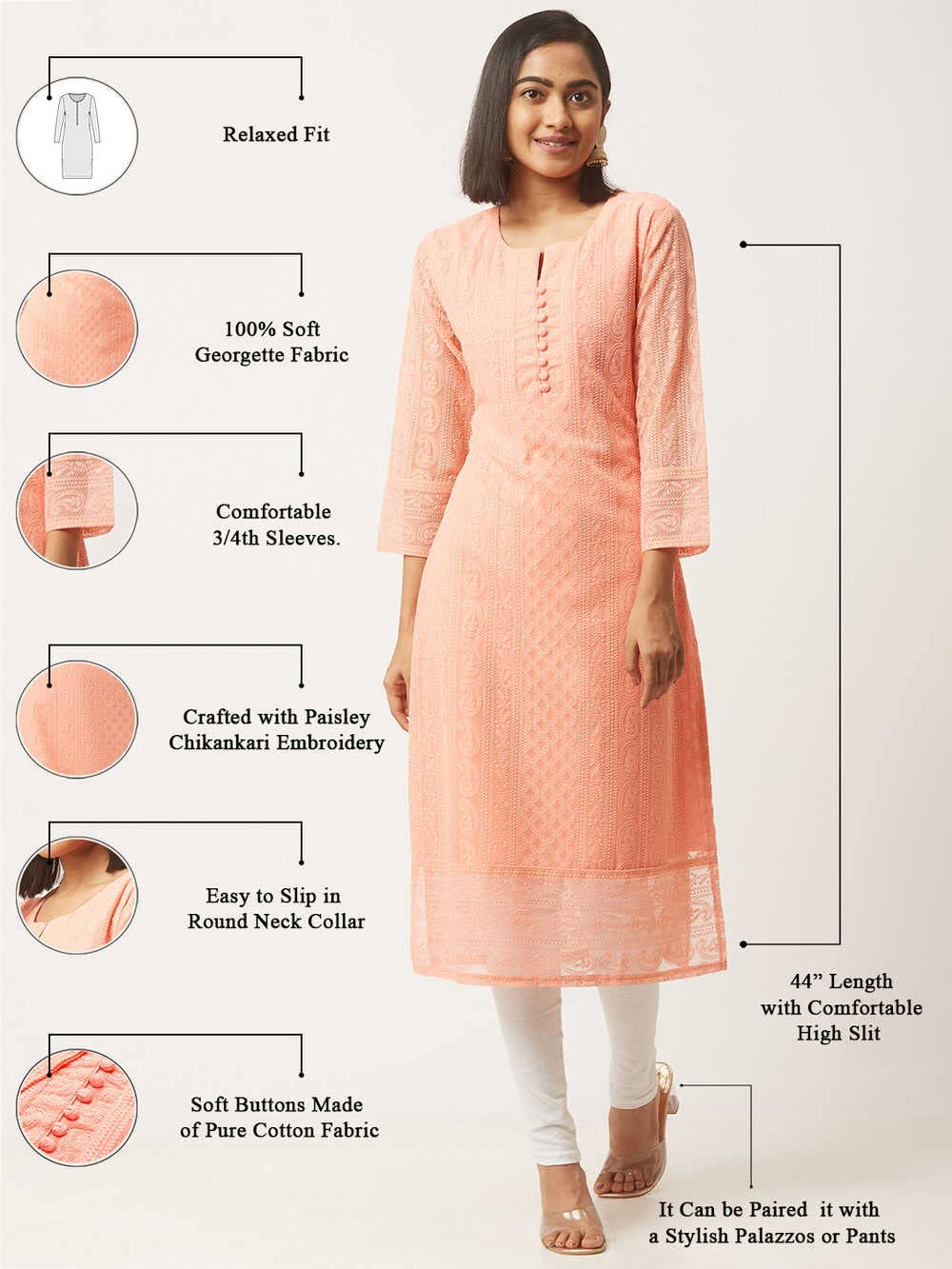ZOLA Exclusive Georgette Round Neck with Full Sleeves and Calf Length Luckhnowi Chikan Kari Kurta with Button Placket on Yolk Ethnic Wear Straight Kurta for Women Pack of 1