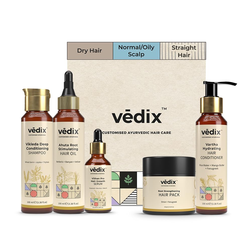Vedix Ayurvedic Hair growth Kit | 5 product Kit | for Dry Hair, Dry Scalp, Straight Hair | Vedix Hair Oil, Shampoo, Serum, Mask, Conditioner Set