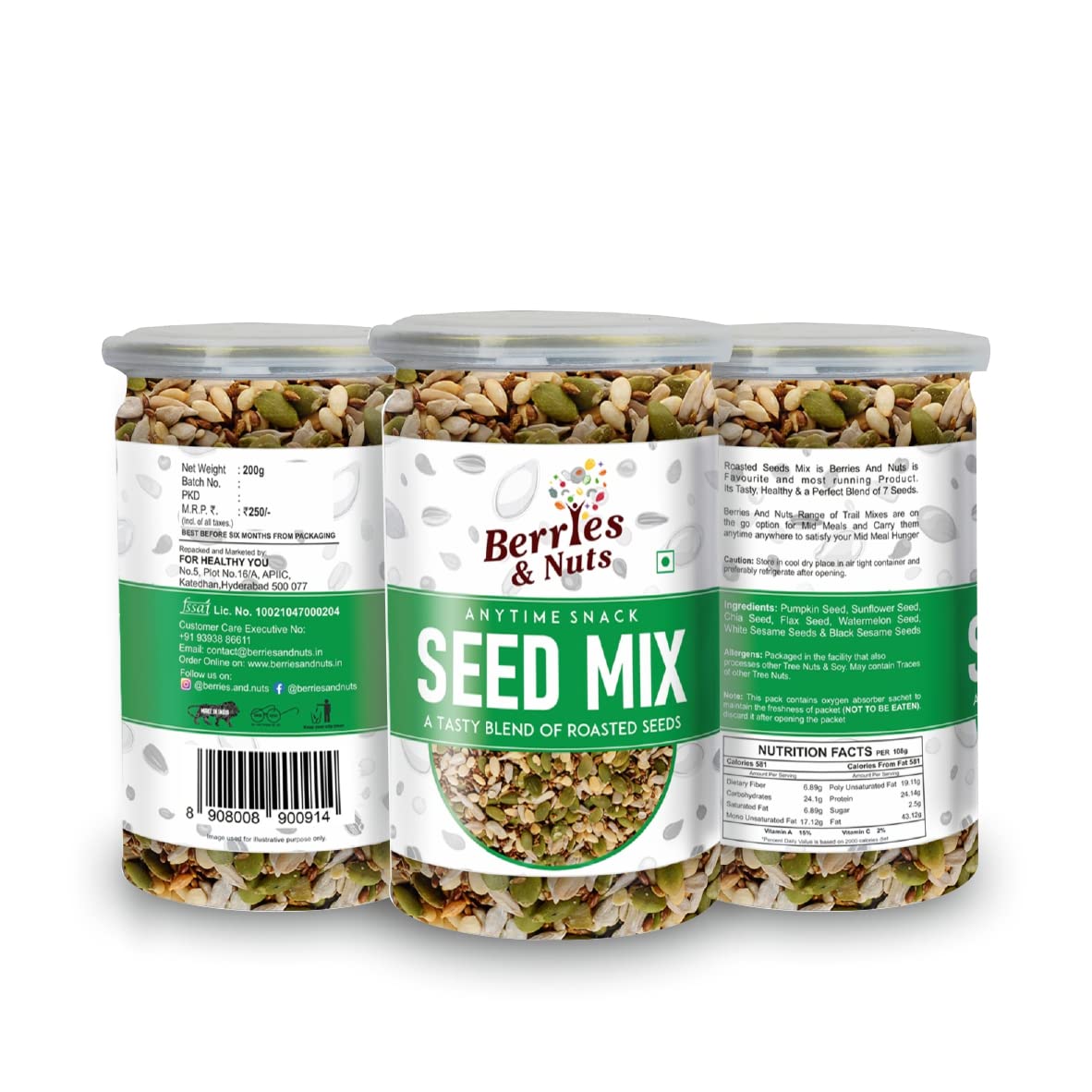 Berries And Nuts Healthy Roasted Seeds Blend | Pumpkin, Sunflower, Chia, Flax, Watermelon, Sesame Seeds | 200 Grams | 1 Bottle of 200 Grams