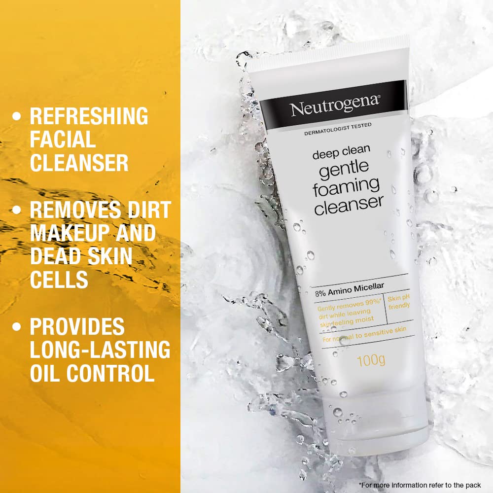 Neutrogena Deep Clean Foaming Cleanser- Advanced Face Wash | Men & Women | Normal to Oily Skin | Gentle Formula | 8% Amino Micellar | Skin pH Friendly | Removes 99% Dirt | Daily Cleansing | 100g