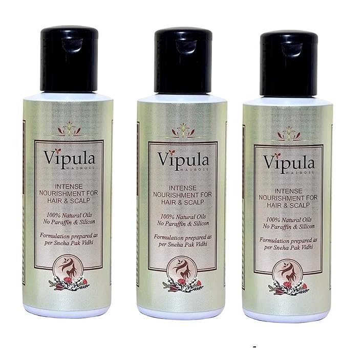Vipula 100% Natural Ayurvedic Herbal Hair Oil, for Longer, Thicker, Shinier Hairs with Sulfate & Paraben Free Shampoo - Repairs Damaged Dry & Dull Hairs, Promotes Hair Growth- (Pack of 3+1 Shampoo)