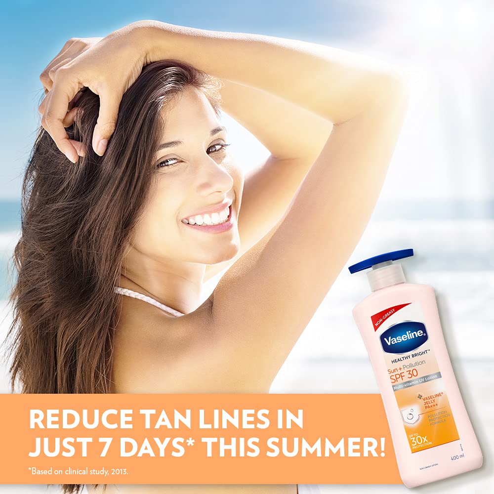 Vaseline Healthy Bright Sun Protection Body Lotion SPF 30 400 ml, Daily Moisturizer for Dry Skin, Gives Non-Greasy Glowing Skin - For Men & Women (Pack of 2)