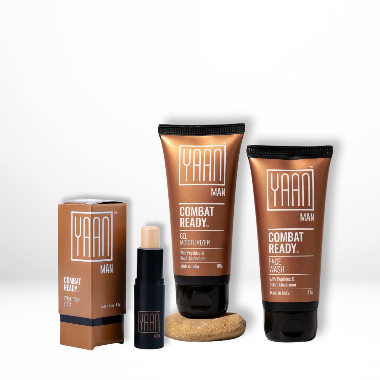 Yaan Man Combat Ready Pack | Contains Face Wash, Gel Moisturizer, Perfection Stick for Men| For all skin types (Dark)