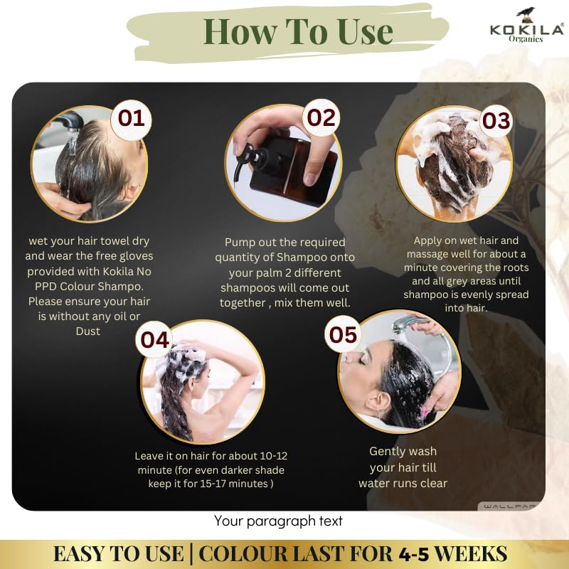 Kokila NO PPD Shampoo Natural Brown Hair Colour 400ml for Women and Men, Natural Extracts, Colours Hair in 10 Minutes | Ammonia Free, Paraben Free - 10 Pair Free Gloves