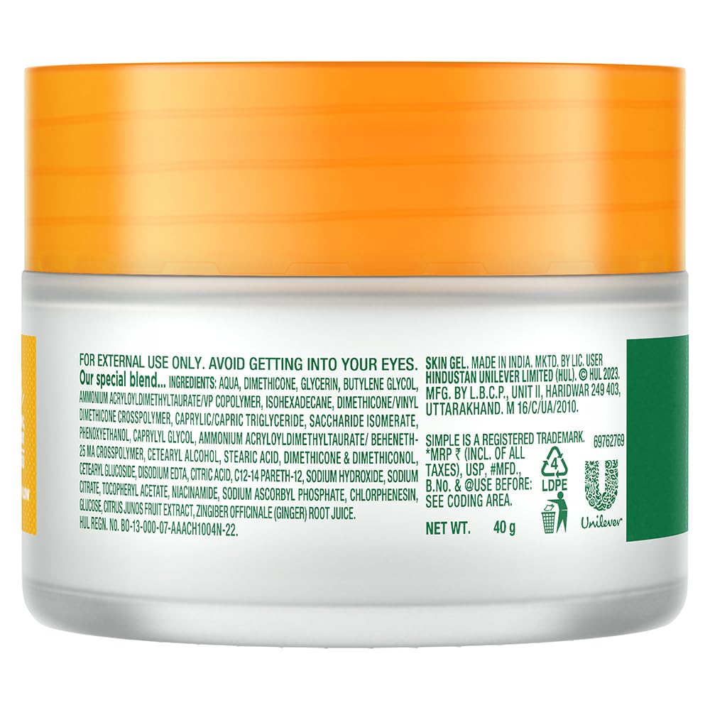 Simple Protect N Glow Vitamin C Moisturising Glow Gel| With Yuzu Lemon| For all Skin Types| No Colour, Perfume| No Harsh Chemicals & Parabens| Tested on Sensitive Skin, 40g